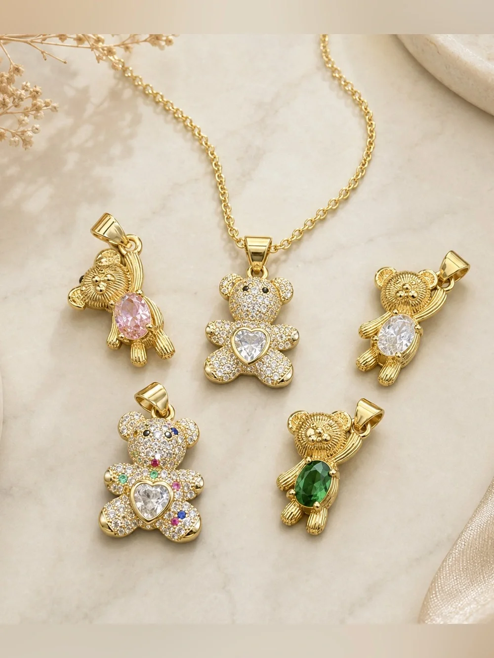 Gold Teddy Bear Pendant Necklace Set stainless